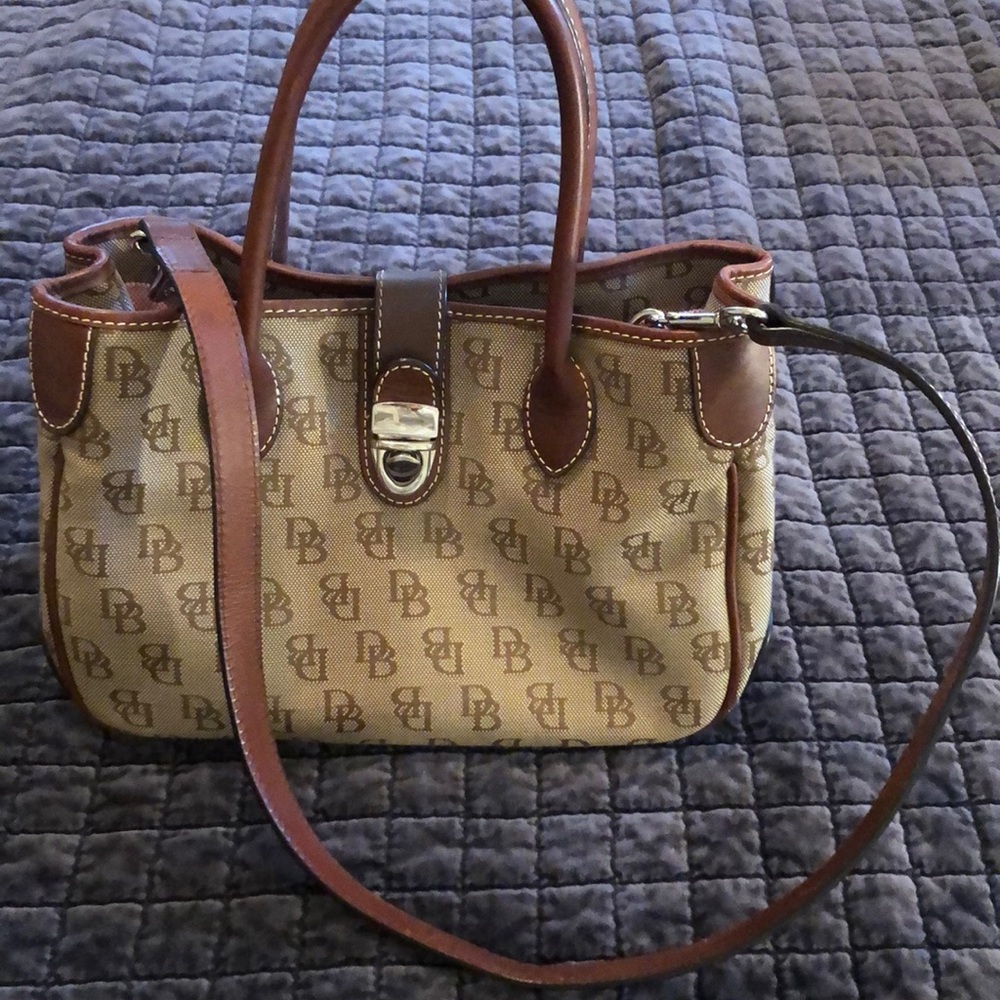 Dooney Bourke Double Handle Tote Tan Canvas Leather Trim Handbag Bag